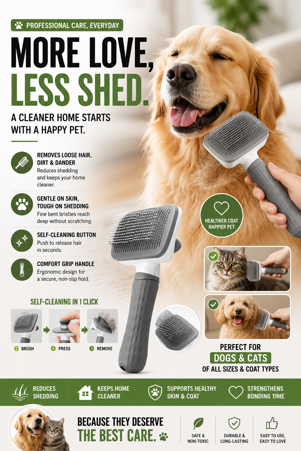 Self-Cleaning DE shedding Comb
